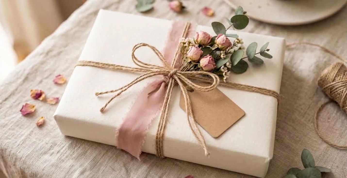 Gros plan sur un cadeau élégamment emballé dans du papier texturé crème, noué avec de la ficelle naturelle et décoré de fleurs séchées roses et d'eucalyptus, avec une étiquette manuscrite.