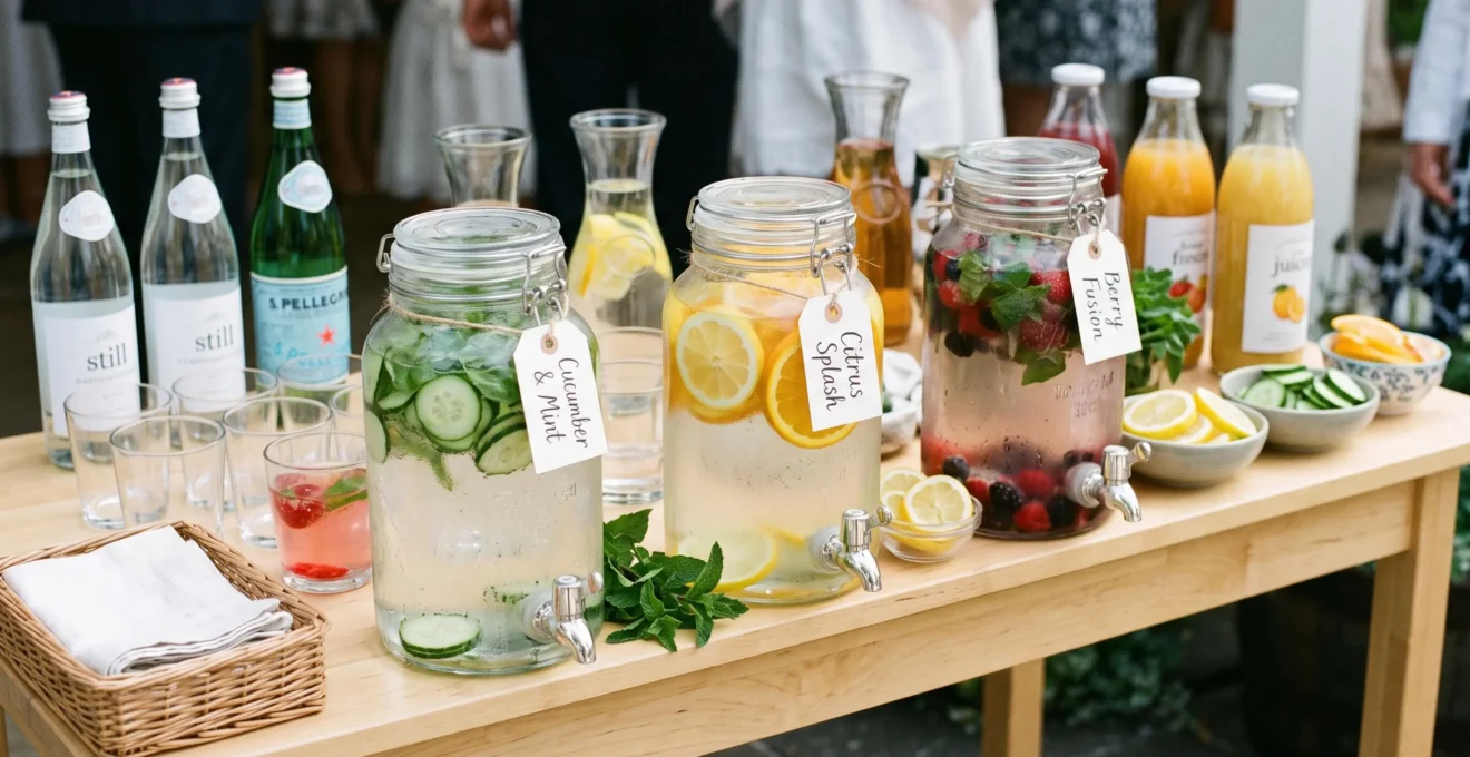 Station de boissons avec carafes transparentes d'eaux aromatisées garnies de fruits et d'herbes fraîches