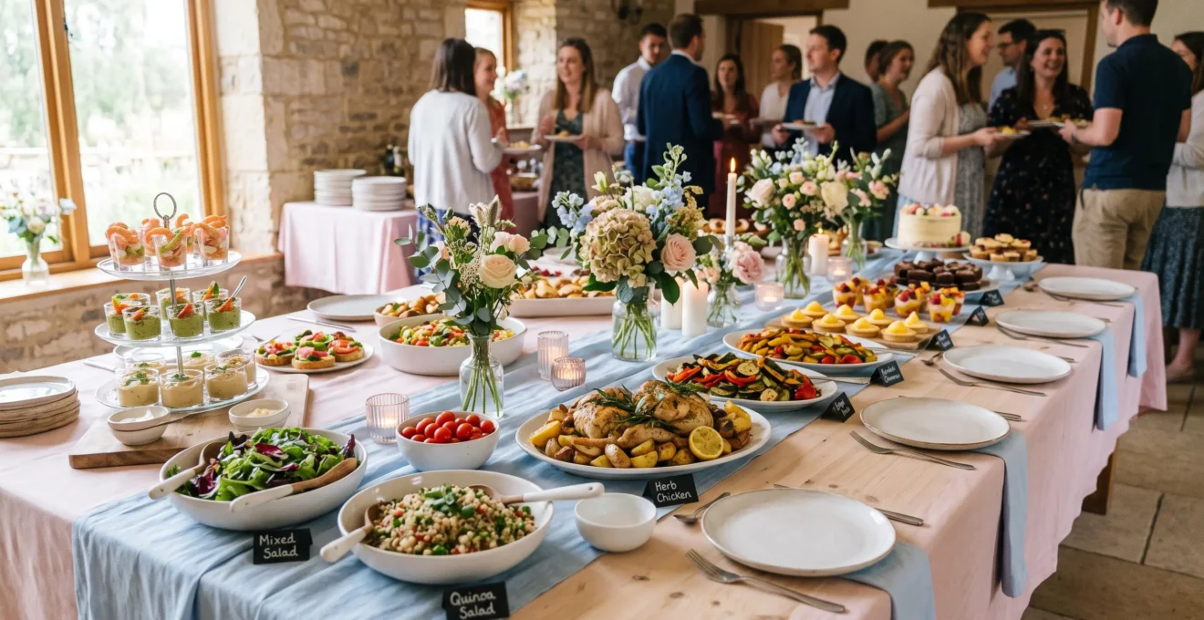 Table de buffet de baptême dressée avec des plats variés et colorés, décorée de tons pastel et de fleurs naturelles