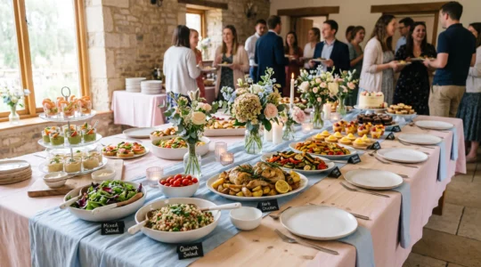 Table de buffet de baptême dressée avec des plats variés et colorés, décorée de tons pastel et de fleurs naturelles