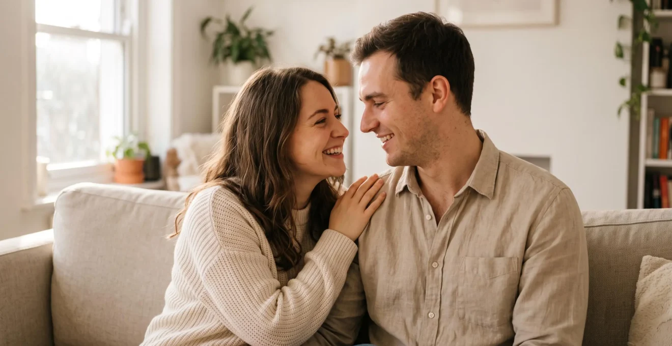 Jeune couple souriant partageant un moment de complicité naturelle assis ensemble près d'une fenêtre lumineuse dans un intérieur chaleureux.