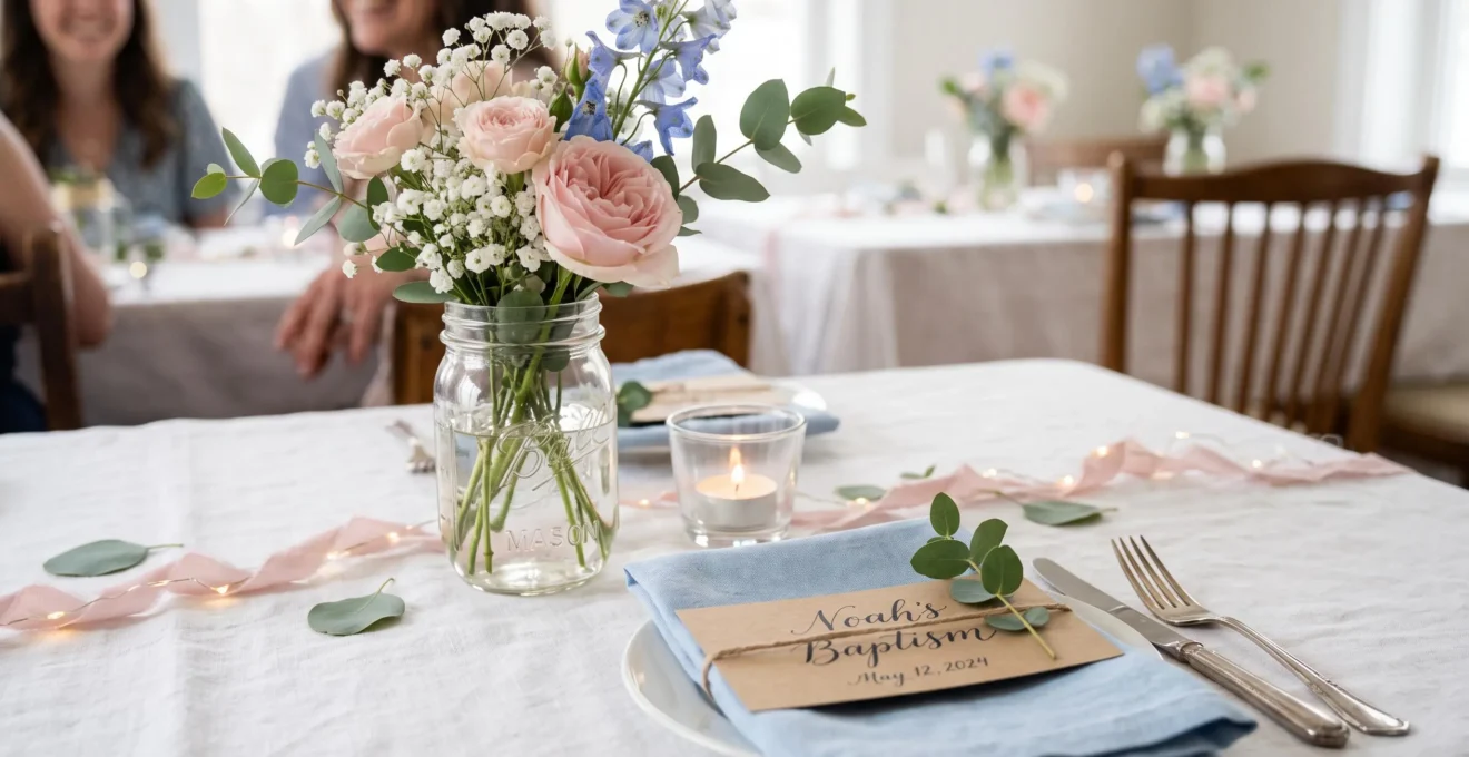 Détails de décoration de table avec fleurs de saison, bougies et éléments décoratifs faits main dans des tons pastel