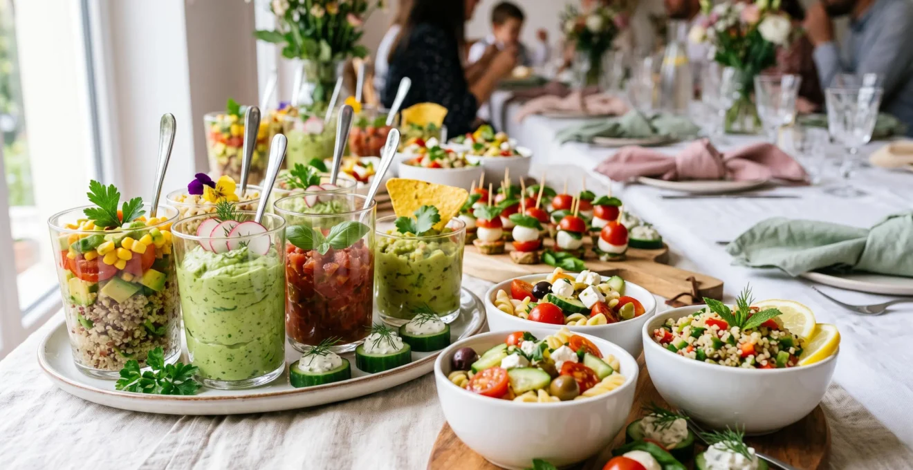 Arrangement de verrines colorées et de salades composées fraîches présentées sur une table de buffet